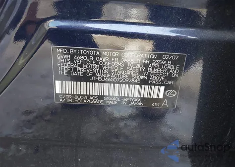 2007 Lexus Es 350 z USA, uszkodzony, nr VIN JTHBJ46G072097845